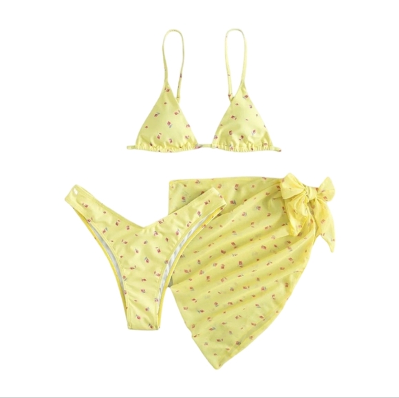 2/$25-Bikini Set- Yellow 3-Pc Triangle Top Low Rise High Cut Bottoms Mesh Skirt - Picture 2 of 8